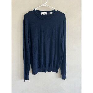 Les Deux Men's Blue Long Sleeve Crew Neck Pullover Jumper Medium 100% Wool Hole